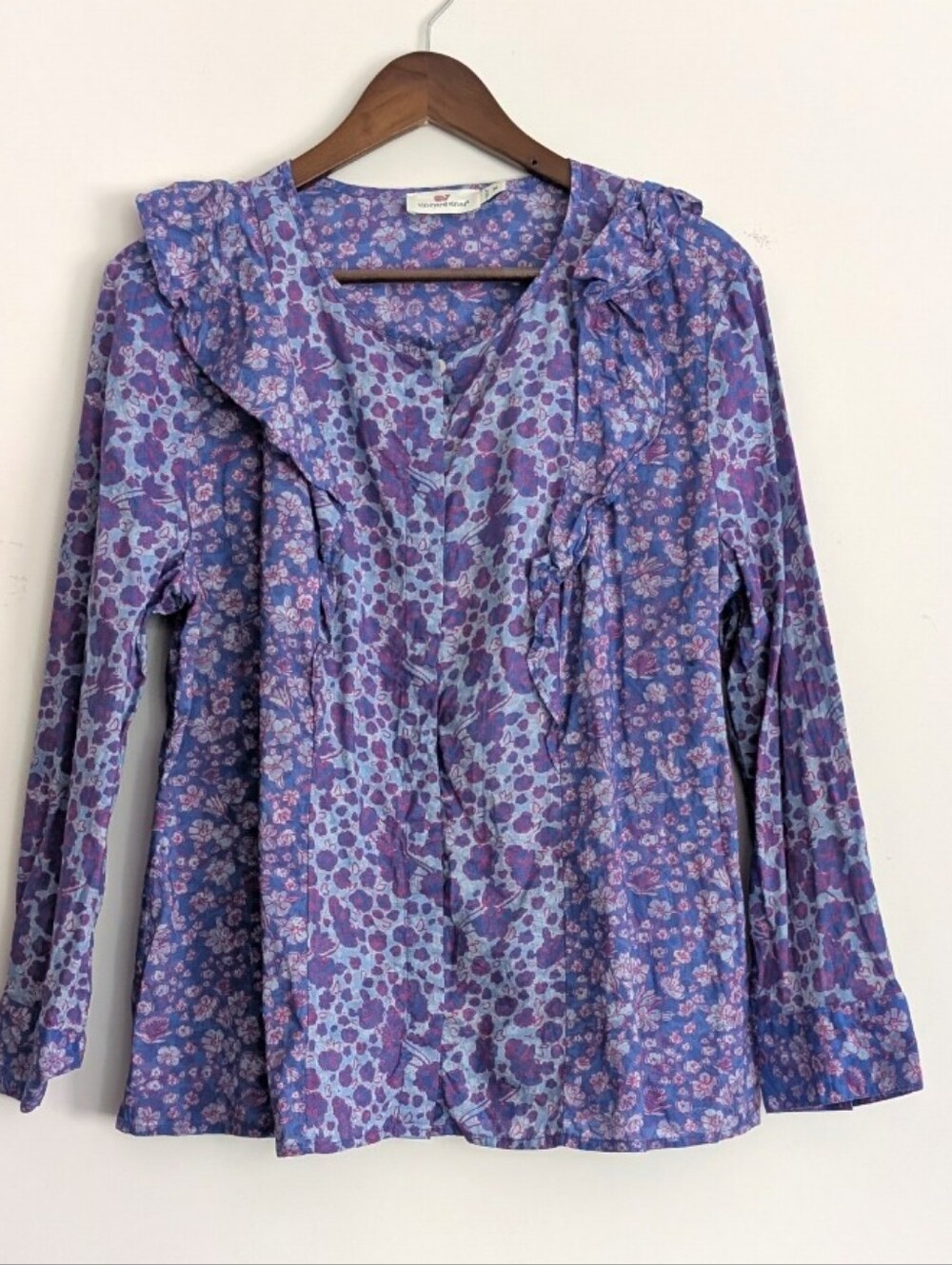 Vineyard Vines Floral Ruffle V-Neck Long Sleeve Top - Purple Pink Cotton 14